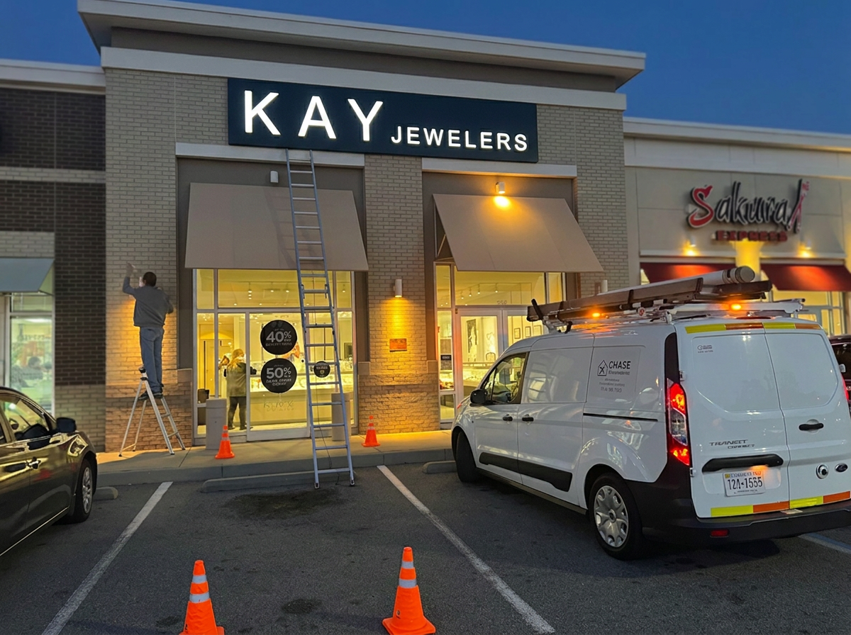 Chase Improvements van on a commercial storefront lighting job at dusk